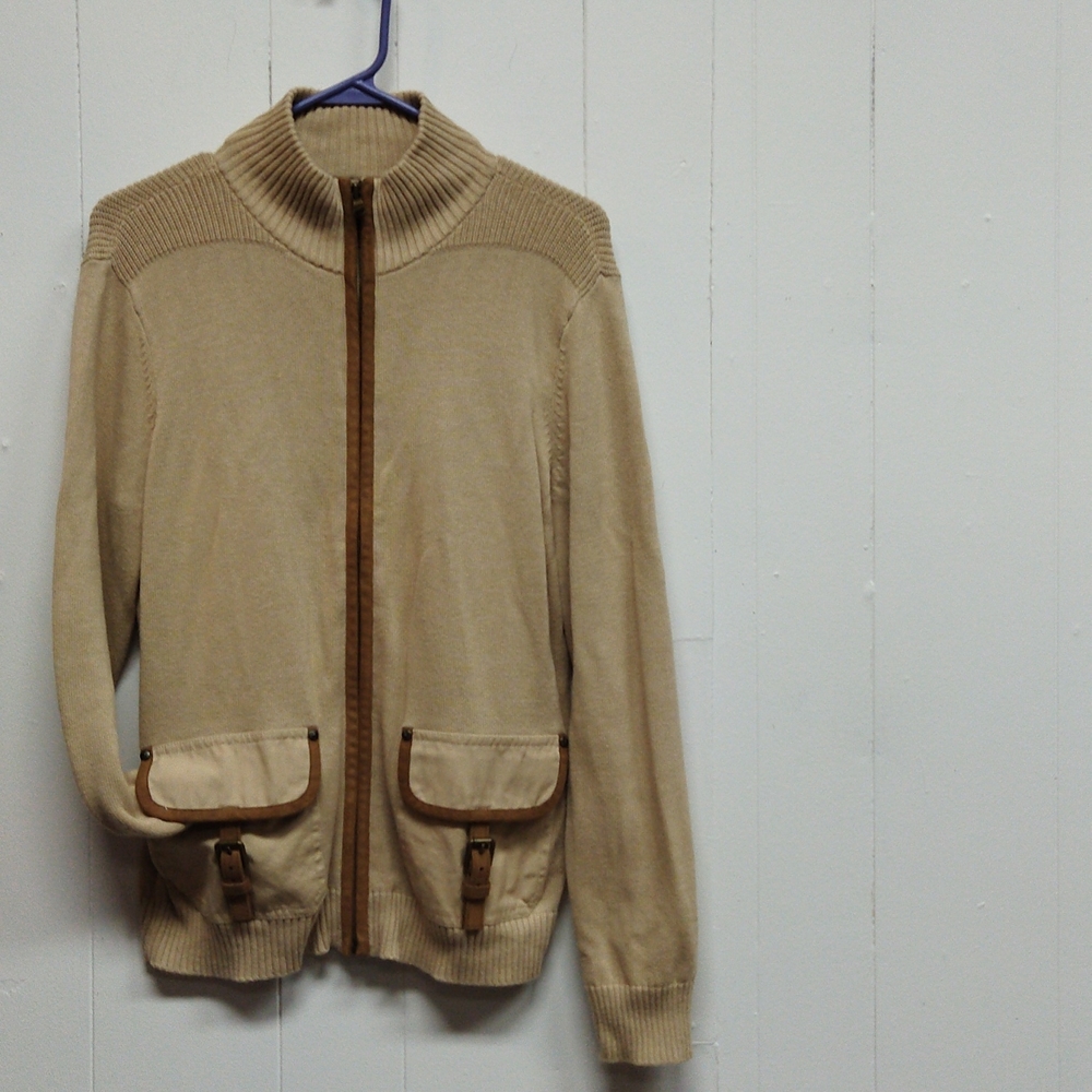LRL Lauren Ralph Lauren 100% Cotton Full Zip Knit Cardigan Medium in Tan/Camel